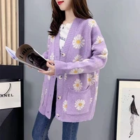 womens cute flower long sleeve cardigan spring autumn sweet v neck floral knitting outwear lady harajuku sweater jacket top