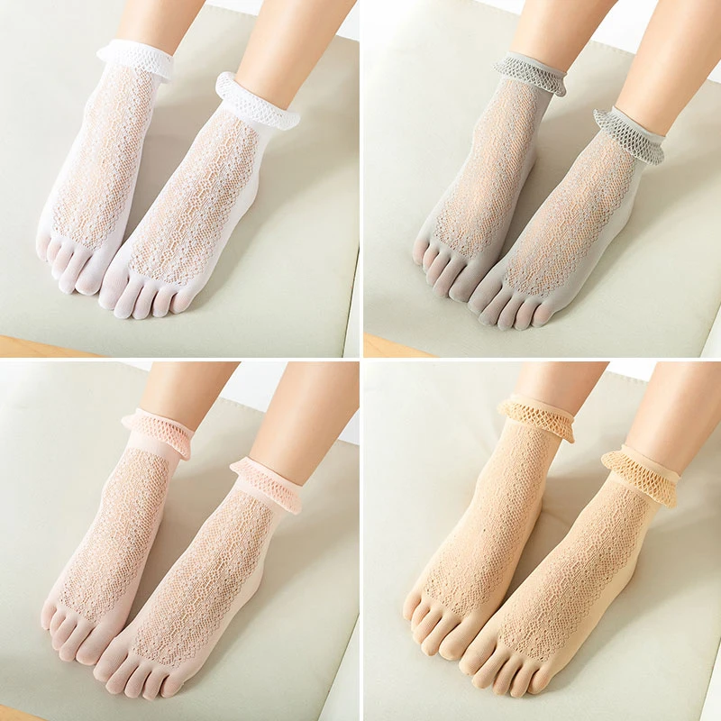 

Летние кружевные жаккардовые женские милые носки в стиле Харадзюку с пятью пальцами для девочек сетчатые дышащие эластичные тонкие шелков...