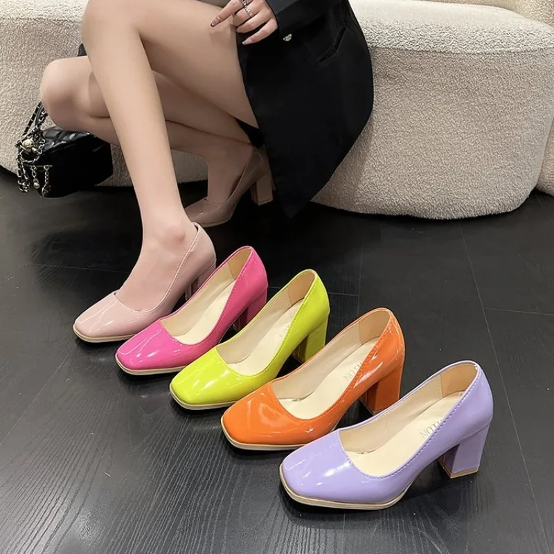 

2023 New Square Heels Pumps Women Shoes Patent Leather Sexy Wedding Party Official Leisure Super Big Szie 35-43