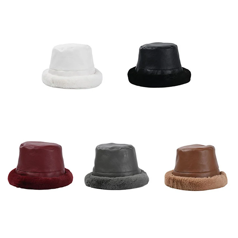 

5 Colors Women Warm Winter Fur Bucket Hat Thickened Plush Warm Fisherman's Caps Ladies PU Leather Casual Flat Basin Hat Cap