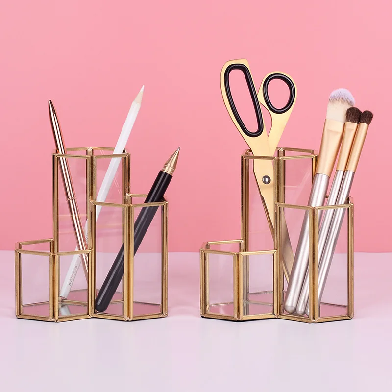 

Hexagonal Combination Glass Pen Holder Nordic Multifunctional Desktop Creative Metal Storage Decorative Cosmetic Brush Cylinder