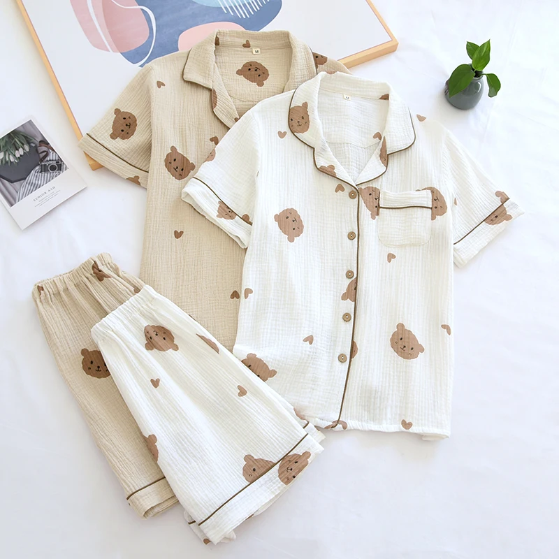 

Summer Couple Pure Cotton Bear Love Cute Pajamas Set Sleepwear Female Short-Sleeved Pijama Suit Loungewear Crepe Ladies Pyjama