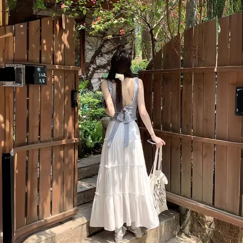 Жилет женский клетчатый с бантом модный топ без рукавов приталенная юбка