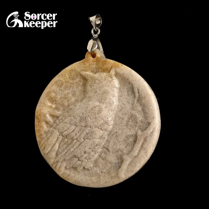 

Real Hand-carved Owl Natural Coral Fossils Stone Lucky Amulet Pendant Beads Necklace For Women Men Fashion Charm Jewelry BH009