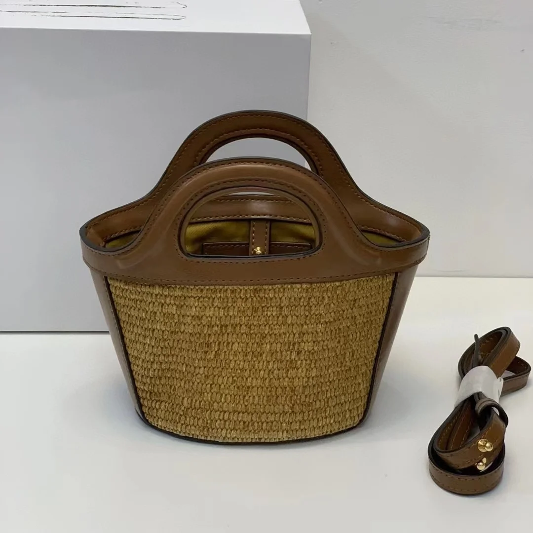 

Summer New Marni Grass Woven Spliced Cowhide Single Shoulder Oblique Straddle Handheld Beach Women's Bag Vegetable Basket