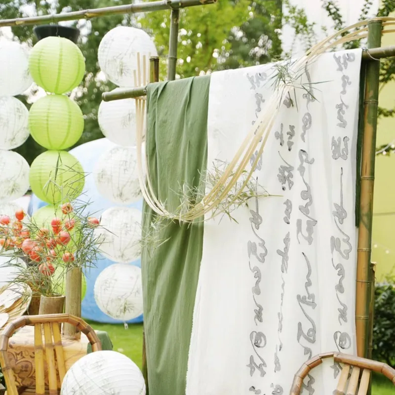 Зеленый бамбуковый круглый фонарь Китайская традиционная чернильная живопись