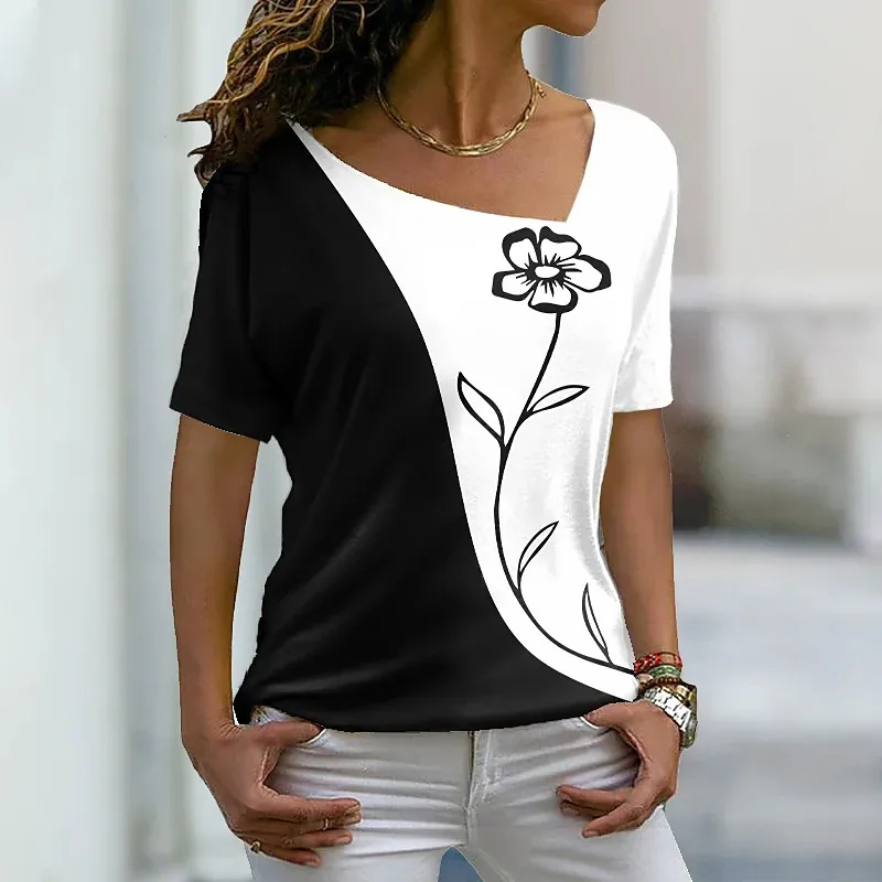 

Summer 2022 Women's Casual T-Shirts Floral Print T-Shirts Floral Colorblock V-Neck Tops B16970