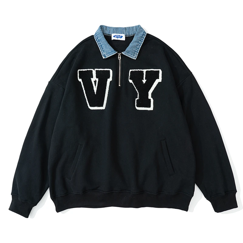 

Harajuku Letter Embroidery Half-Zip Denim Lapel Sweatshirt for Men and Women Retro Streetwear Oversized Casual Fleece Hoodies