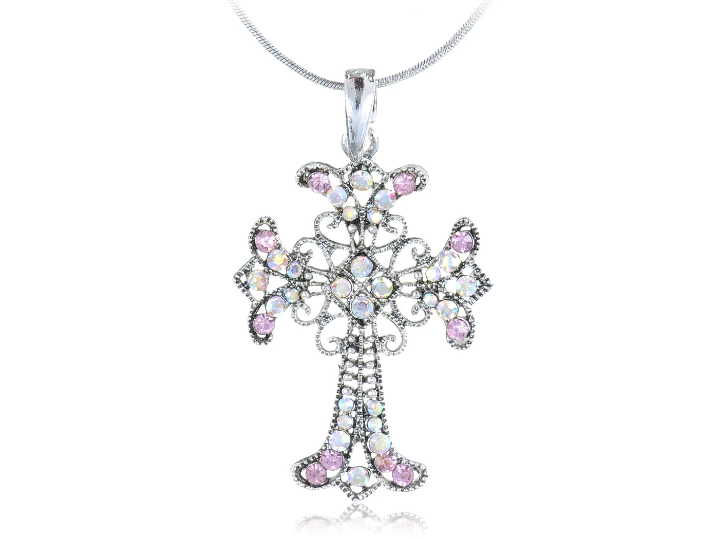 

Vintage Pink Rose Aurora Rhinestone Floral Statement Cross Pendant Necklace