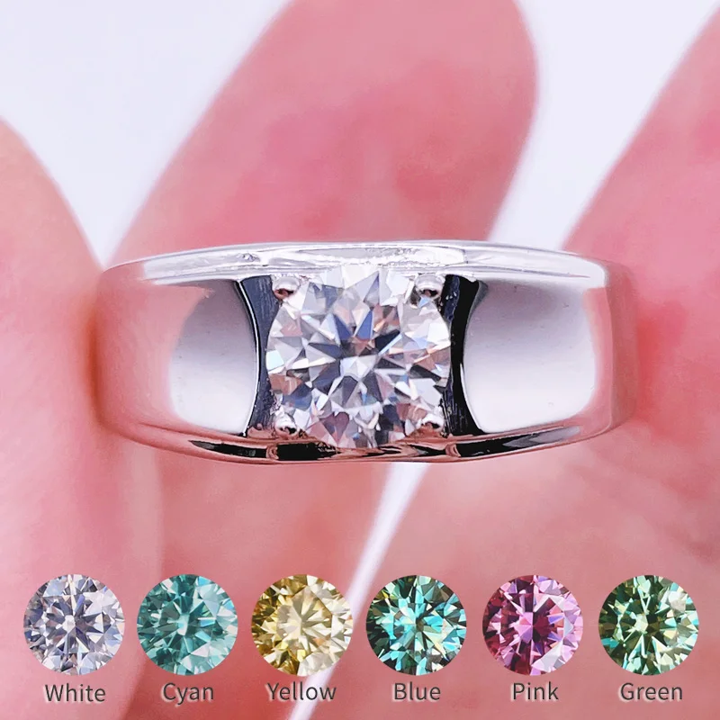 

New 1CT Men Moissanite Ring Color Blue Pink Yellow Green Cyan White Diamond Adjustable Sterling S925 Silver Not Gemstone Rings