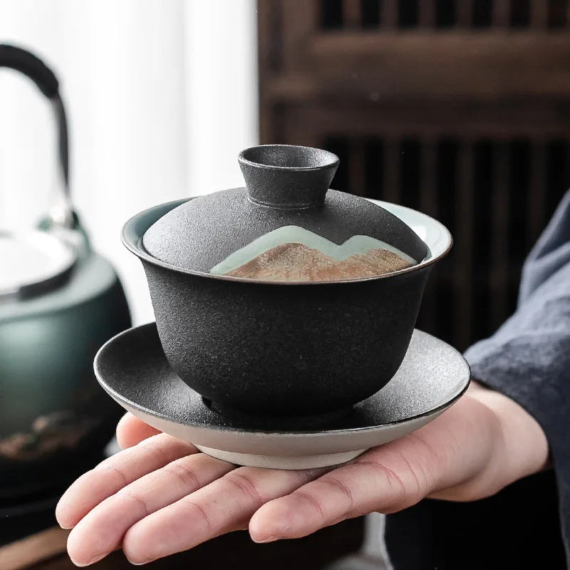 

Yuanshan Rough Pottery Cover Bowl Ceramic Tea Cup Tea Bowl Zen Black Pottery Household Kung Fu Tea Set Accessories Tea Cup