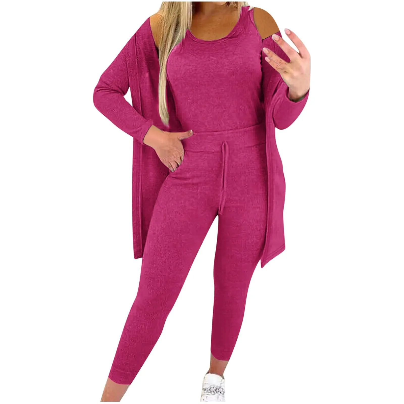 

Solid 3 Pieces Sweatsuits Women'S Soft Homewear Set Sleeveless Tank Top Open Front Long Sleeve Cardigan Jogger Pants Set