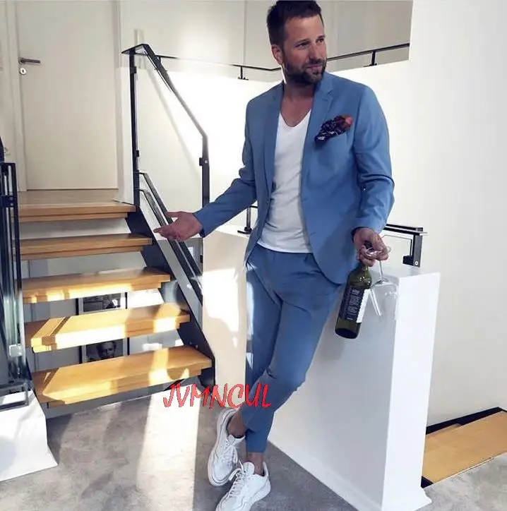 

Мужские костюмы синего цвета, модный уличный деловой смокинг для мужчин, летние пляжные свадебные костюмы для мужчин, костюм для выпусквече...