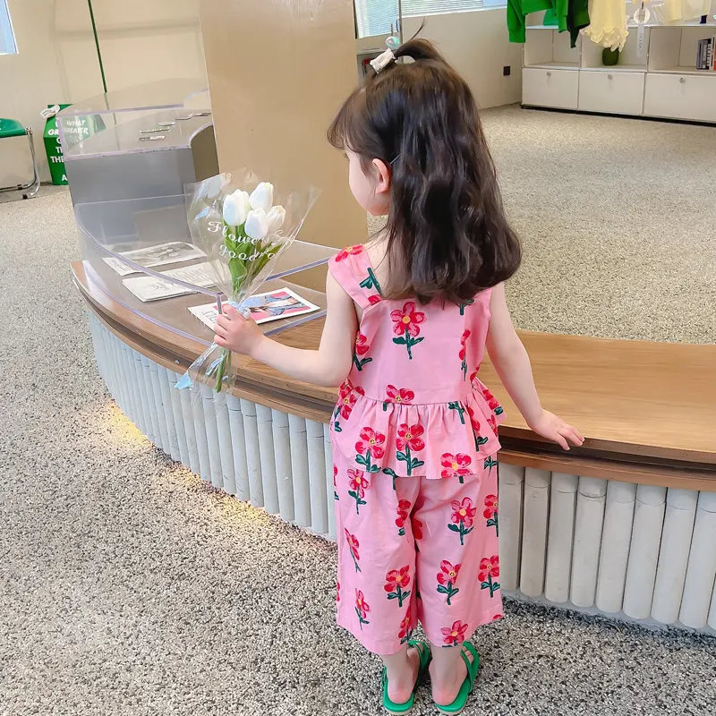 Summer Girls Clothing Sets Floral Print Ruffles Tank Top+Shorts 2Pcs Beach Vacation Baby Kids Clothes Flowers Suit 2 3 4 5 7 9Y