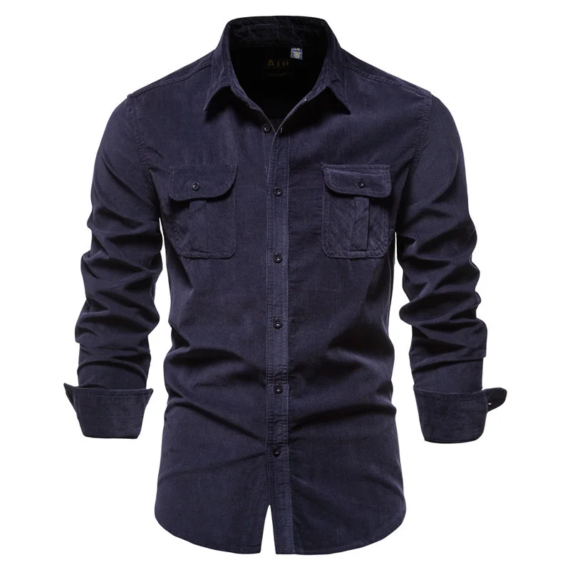 

2022 Men's Shirt Business Casual New Single Breasted 100% Cotton Fashion Solid Corduroy Man Shirts Autumn Slim Top Shirt EU Size