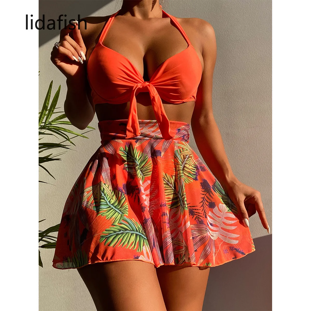 lidafish 2022 New Sexy Three Pieces Bikini Set With Skirt Sexy Backless Lace-up Swimsuit Women Beachwear Bathing Suit Biquini