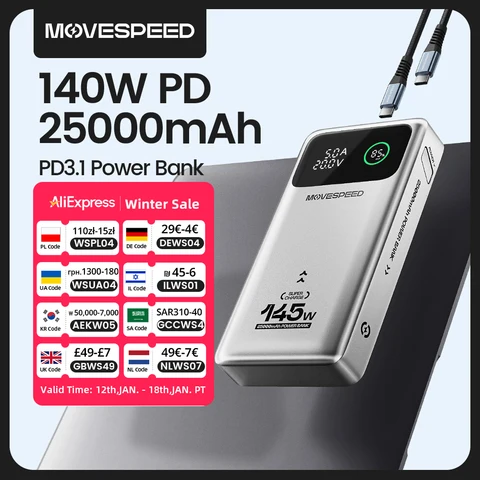 MOVESPEED M25 100 Вт Power Bank 25000 мАч Тип C Портативное зарядное устройство с быстрой зарядкой Аккумулятор 145 Вт Макс. Powerbank для iPhone MacBook Ноутбук