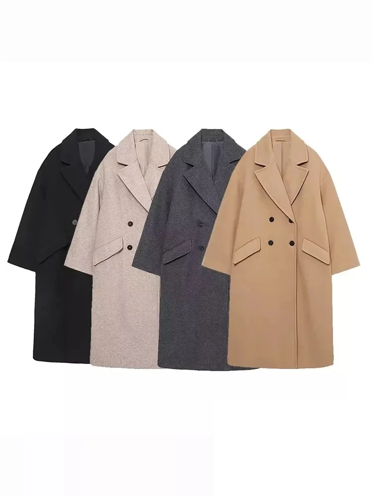 

Женское длинное шерстяное пальто, винтажная Толстая куртка с V-образным вырезом, длинными рукавами, карманами и двойными пуговицами, верхняя одежда на осень-зиму