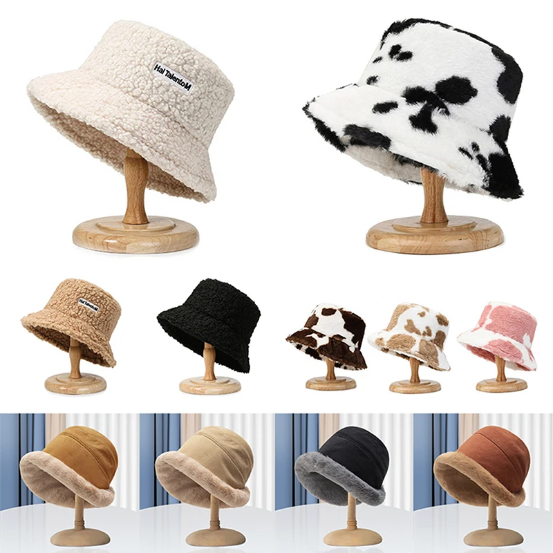 

Winter Plus Velvet Lamb Hair Female Bucket Hat Street Shooting Casual Wide Brim Warm Plush Pot Hat For Internet Celebrities