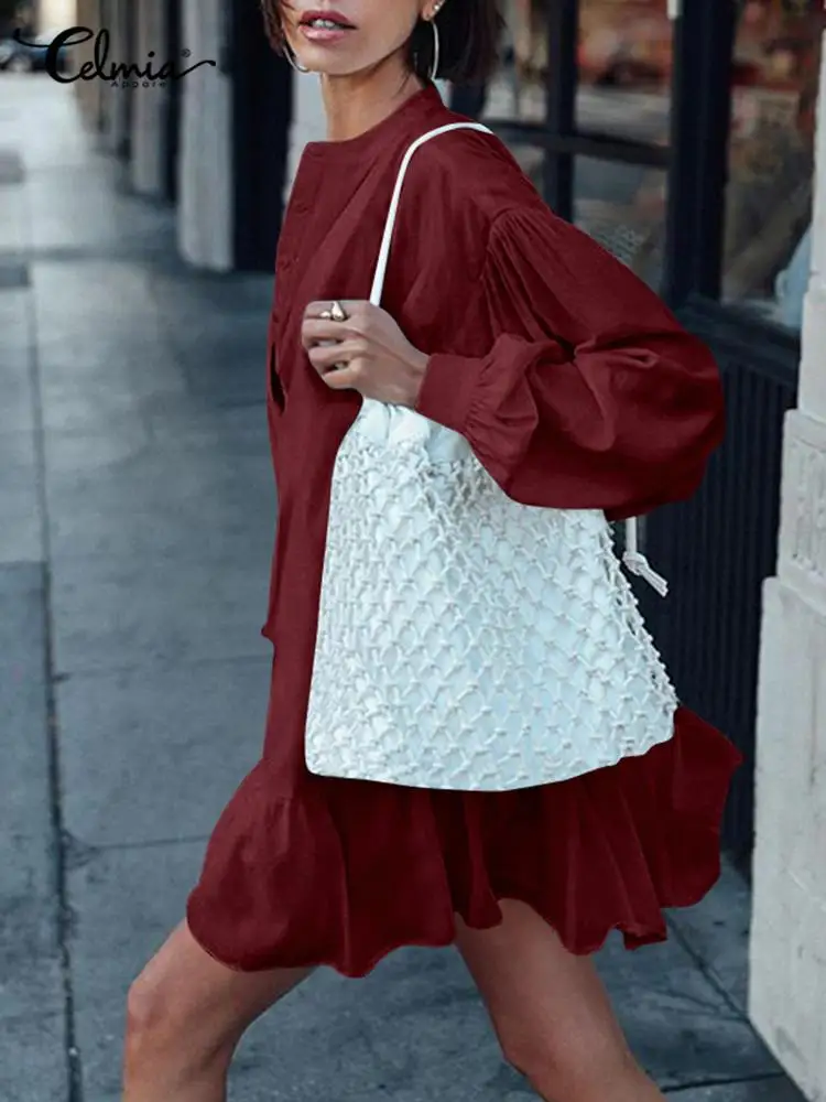 

Женское модное мини-платье Celmia, пикантный плиссированный короткий сарафан, осеннее платье с длинным рукавом-фонариком, повседневное одното...