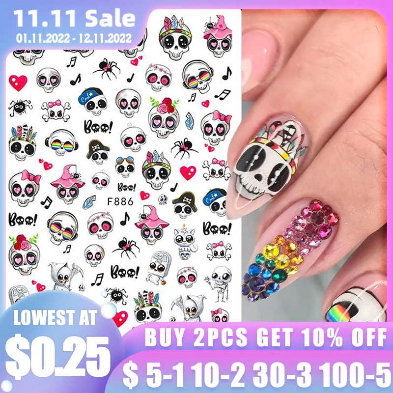

Милые Мультяшные наклейки для ногтей с черепом, украшение на Хэллоуин, наклейки со злыми тыквами для маникюра, наклейки для ногтей с кровью ...