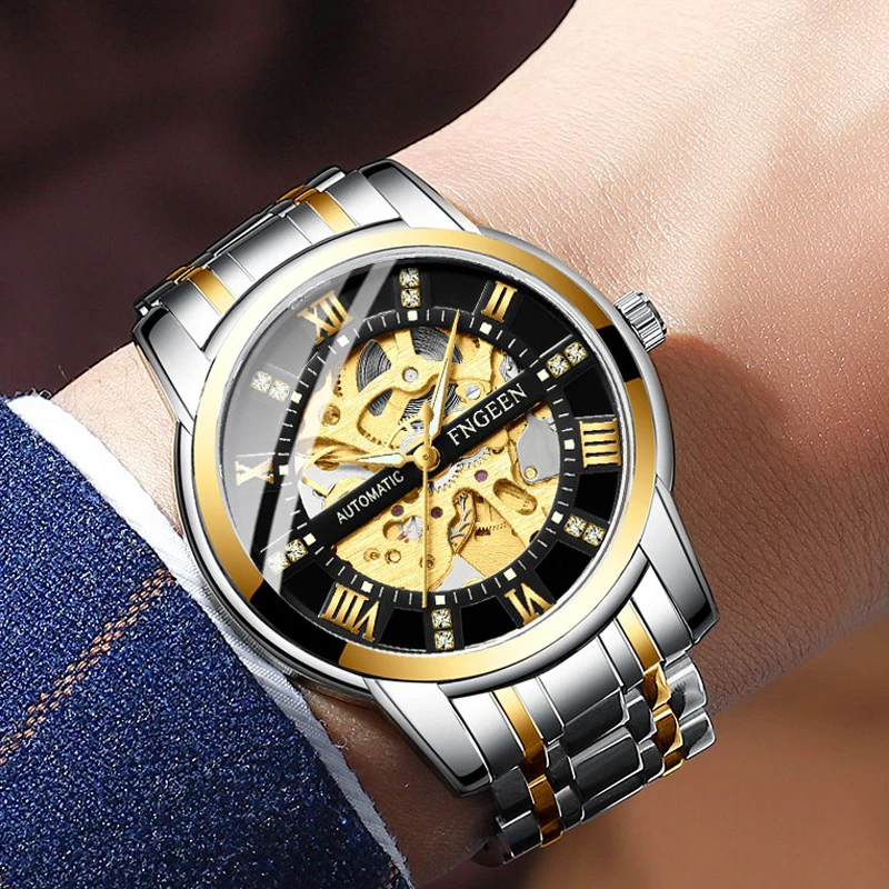 

FNGEEN Fashion Business Mechanical Watches Skeleton Mens Luxury Watch Luminous Pointer Waterproof Dial Wristwatches Steampunk
