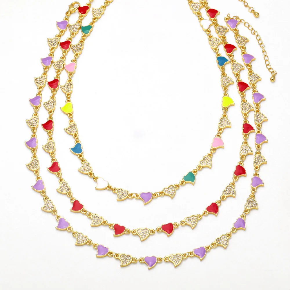 

FLOLA Cute Multicolor Heart Necklaces for Women Copper Zirconia Heart Short Necklaces Choker Gold Plated Jewelry Gifts nkeb385