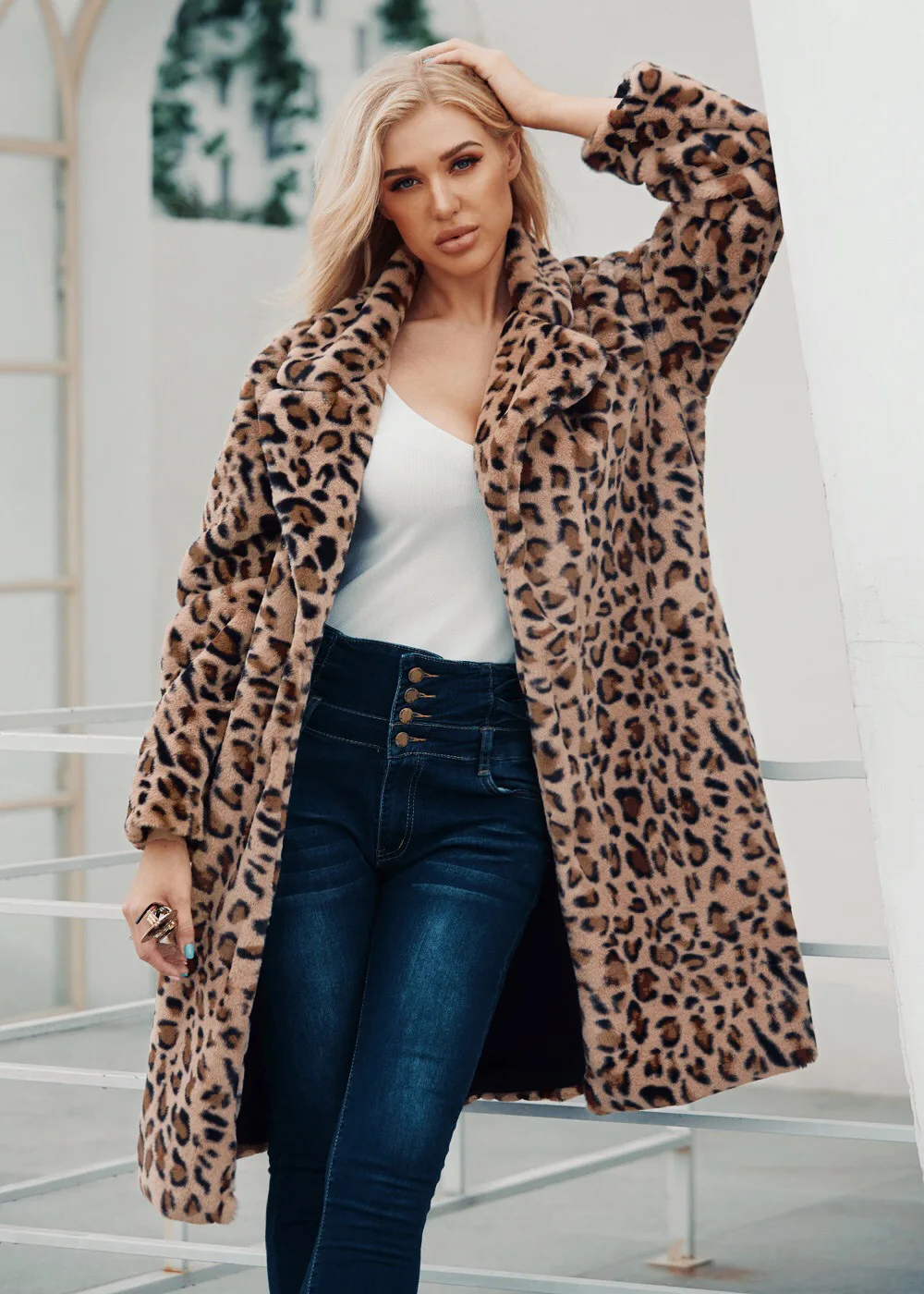 Long Leopard-print Suit Collar Faux Fur Coat Women's Casual Coat Autumn  Winter Fashion  Winter Jacket Women  Coats for Lady