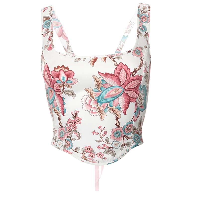 

Women Floral Pattern T-shirt Adjustable Sexy Elastic Corset for Women Summer
