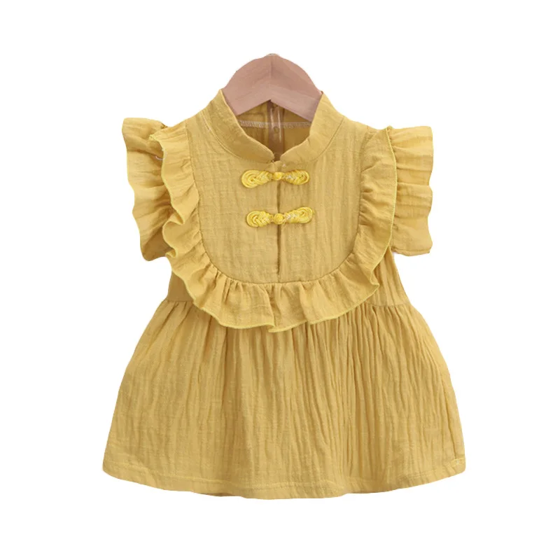 

Летние платья для девочек, детская хлопковая одежда в китайском стиле, с вышивкой и пряжкой, без рукавов, с оборками, платье для дня рождения 0-5 лет