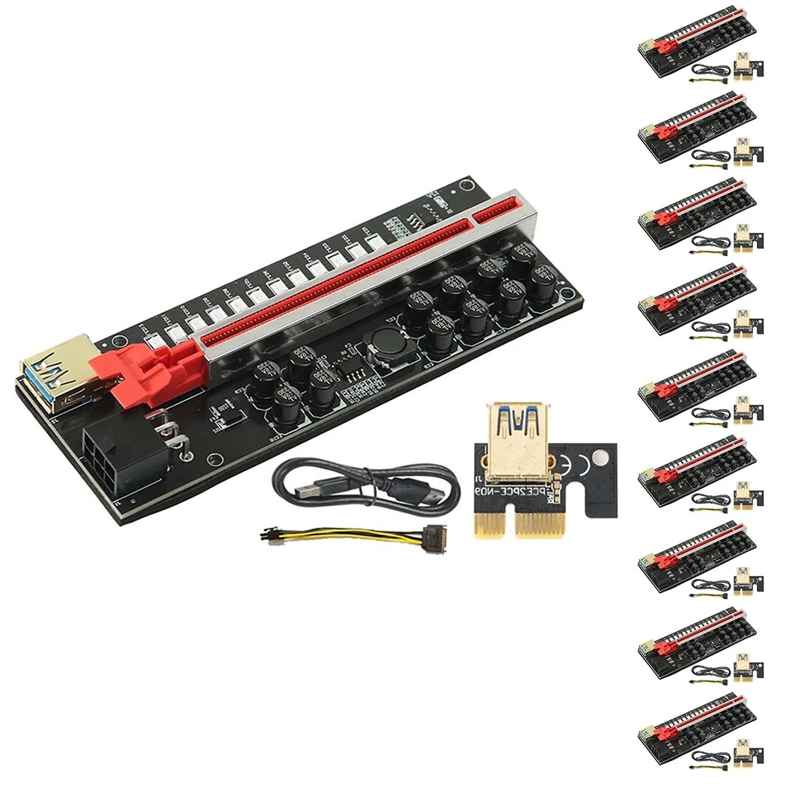 

10 Pcs VER018S Miner Card PCI-E 1X to 16X USB3.0 6PIN GPU Riser Card with 12 Capacitors and LED Lights for BTC Miner