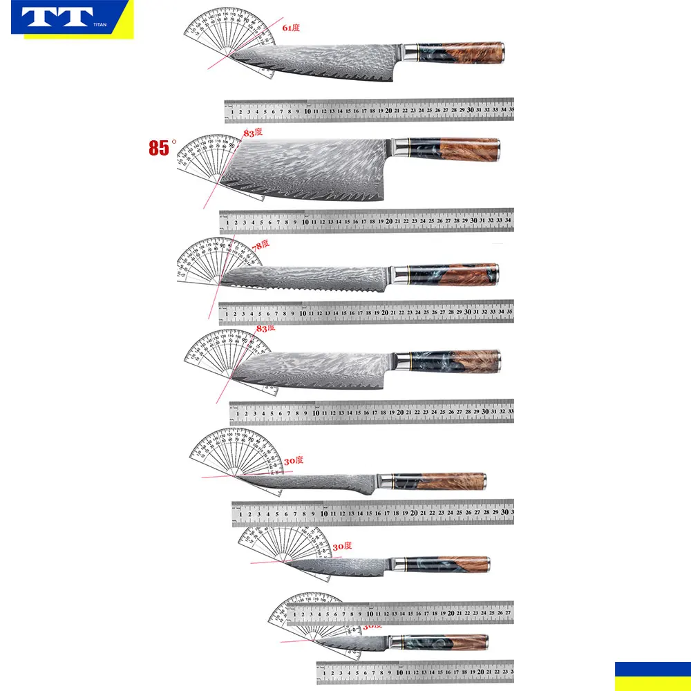 Набор кухонных ножей из черной дамасской стали