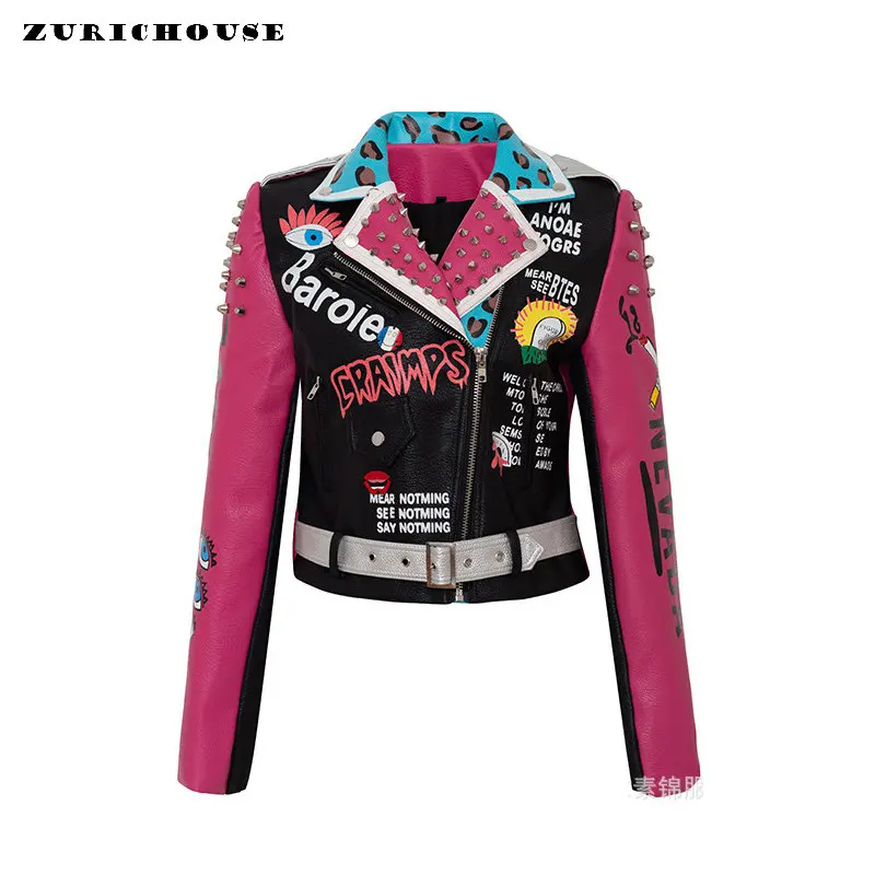 

Punk Rivets Cropped Motorcycle Jacket Women 2023 Trend Streetwear Graffiti Print Contrast Stitched Faux Leather Jacket