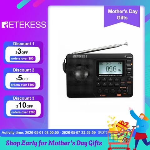 Портативное радио RETEKESS V115 с AM/FM, черное — фото устройства