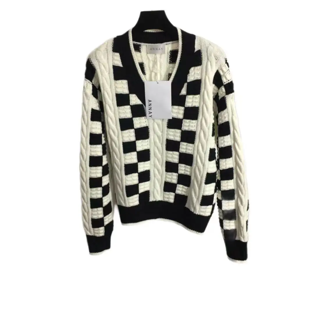 

Spring Autumn Ladies Sweater Matching Color Plaid Knit V-neck Long Sleeve Pullover Casual Loose Blouse 165323454690