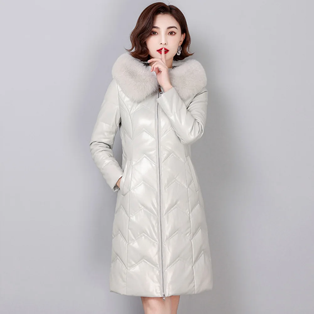 New Women Leather Down Coat Winter Fashion Warm Hooded Real Fox Fur Collar Sheep Leather Down Jacket Slim Thicken Outerwear