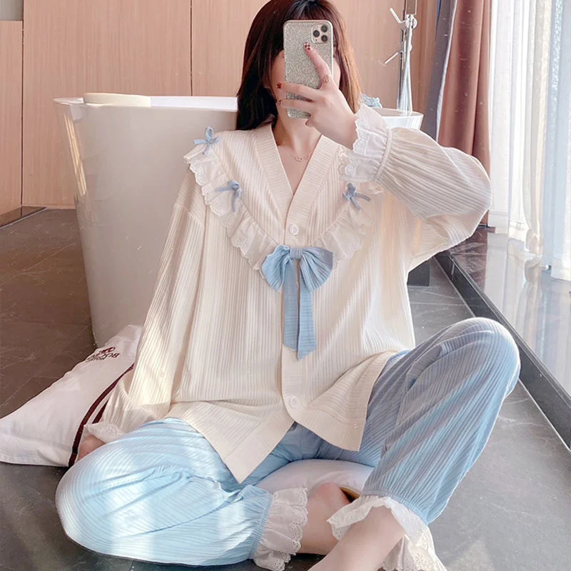 Sexy Lace Pajamas Set Sleepwear For Women Palace Princess Full-Sleeve Sweet Pyjama Women's Autumn Fashion Plus Size Homewear