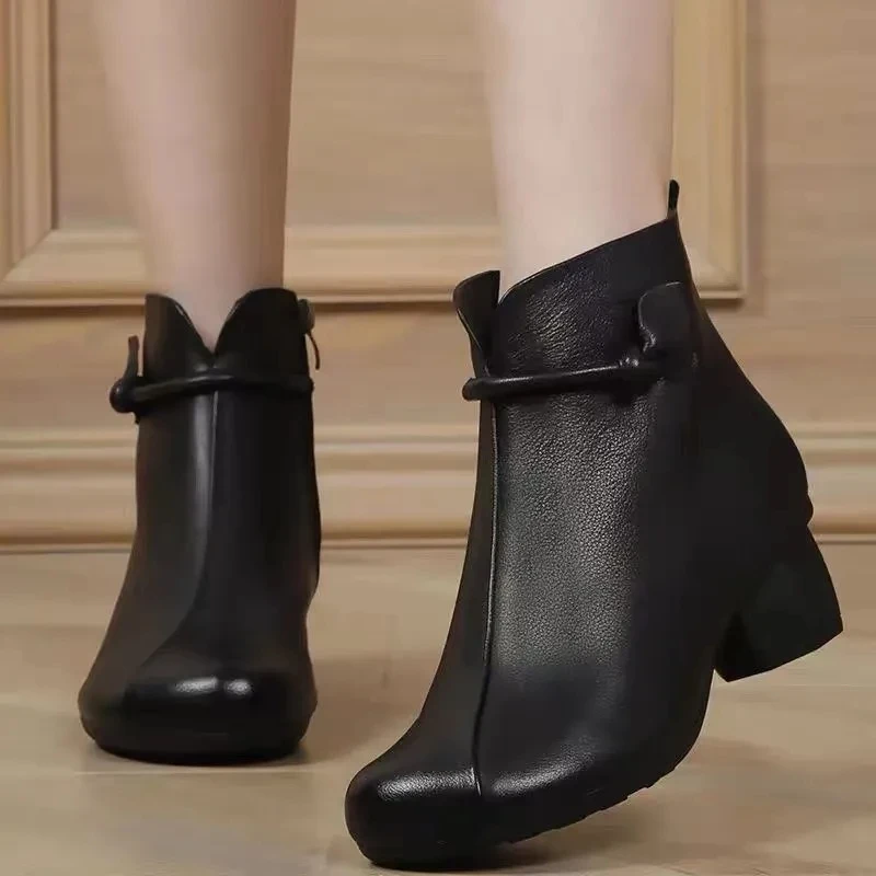 Casual Soft Bottom Women Boots High-top Outdoor Hiking Shoes Ankle Boots Soft Medium Thick Heel  Retro Women Shoes 2022 New