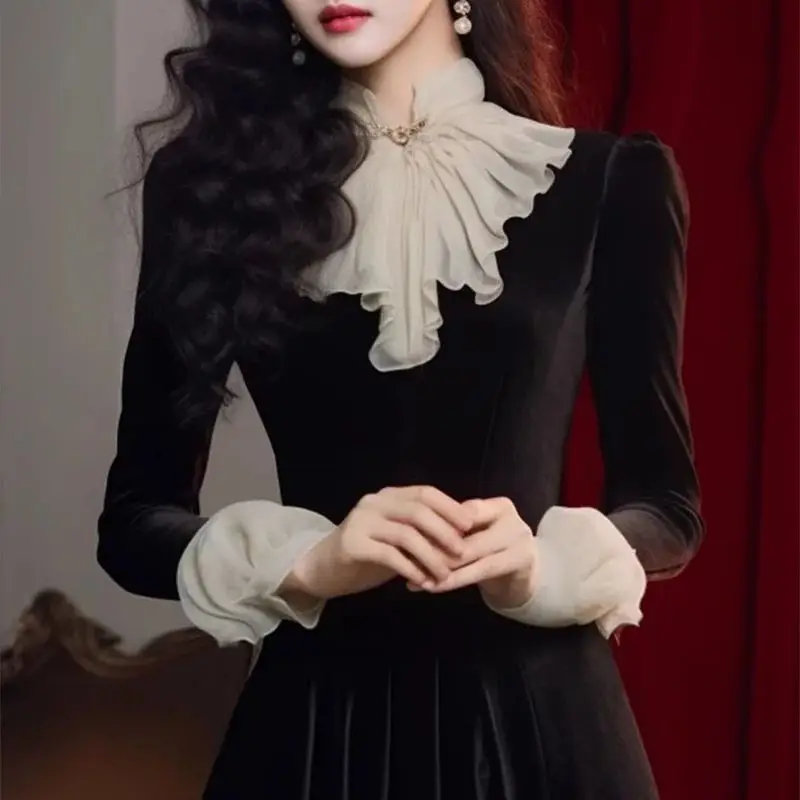 Новое весеннее французское винтажное бархатное длинное платье знаменитостей