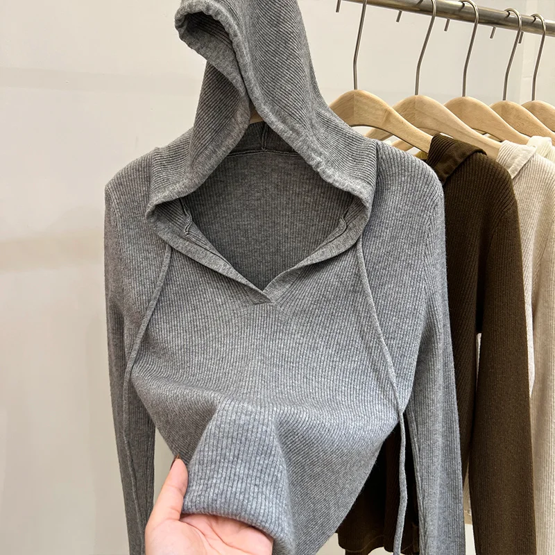 

Мягкий вязаный свитер с капюшоном, женские осенне-зимние модные толстовки, пуловер, джемперы, однотонный Вязаный топ в простом Корейском стиле