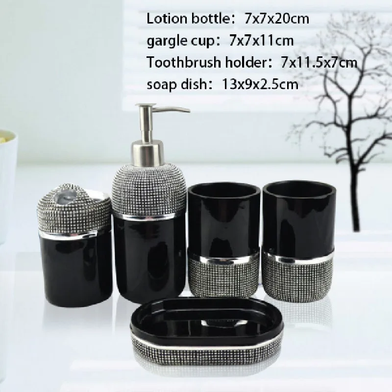 

Simple Printing Resin Six Piece Set Bathroom Accessories Set Soap Dispenser Gargle Cup Toothbrush Holder Soap Dish with Tray