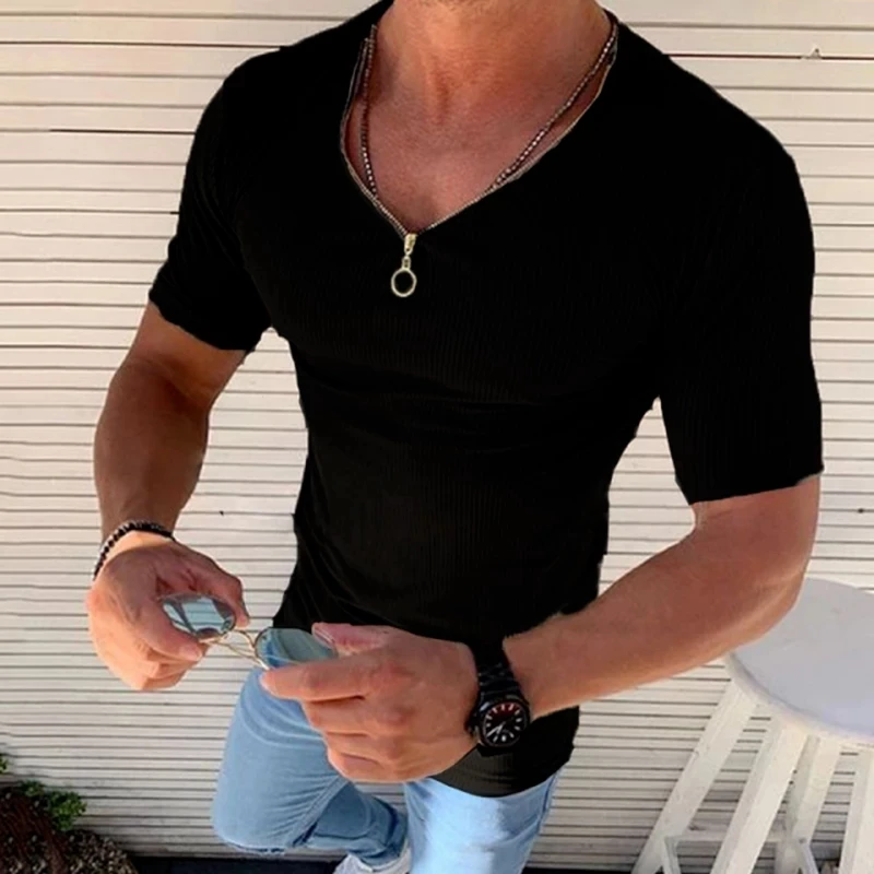 

T Shirt Men Zipper V Neck Short Sleeve Tshirts Summer Mens Clothing Streetwear Casual Slim Fit Solid Color T-shirt Tops 2022