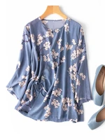 natural silk japan style print print woman tops o neck three quarter sleeve print 2022 summer blouses and shirt blue