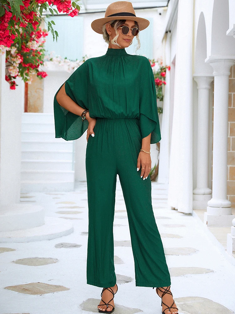 

Foridol 3/4 Sleeve Summer Spring Women Jumpsuit Green Stand Collar Wide Leg Long Pants Party Overall Fashion Casual Jumpsuit