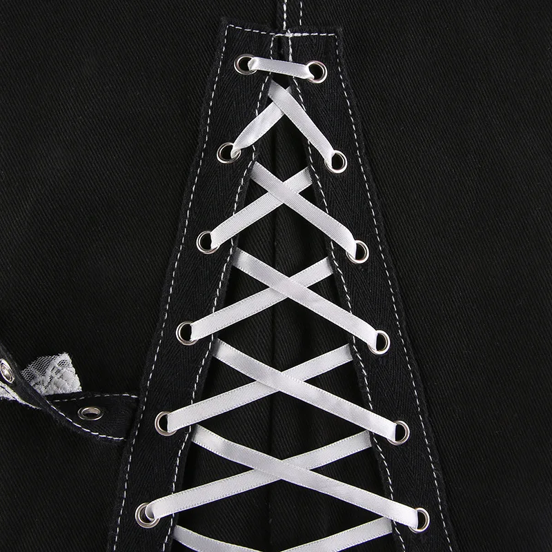 Gothic Women Baggy Jean Aesthetic Lace Up Patchwork Dark Academia Streetwear Punk Bandage Denim Pants Straight Pants