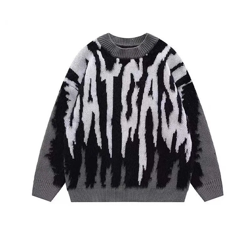 Plush Lettered Jacquard Crewneck Sweater Men's Autumn And Winter New American Vintage Knit Brand Minke Casual Linewear