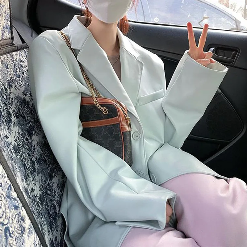 Korean Chic Autumn Winter Retro Fried Street Lapel Casual Loose Long-sleeved Neutral Style Handsome Leather Suit Jacket Women