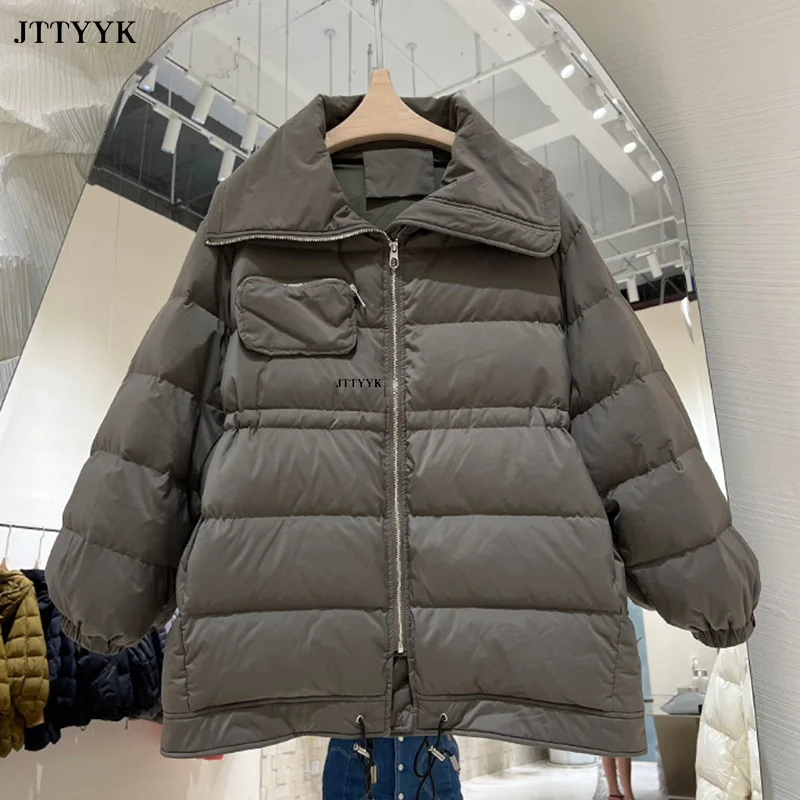 

Parkas Feather Woman 2022 Winter Puffer Jacket Female Warm Thick Women Wind Lapel White Duck Down Coat Loose Overcoat Female