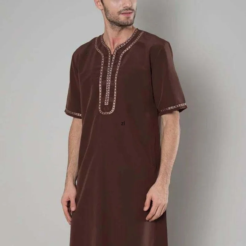 Men's Robe Dubai Muslim Embroidered Short Sleeve Comfortable Breathable Spring Summer 2022 Kaftan Moroccan Saudi Dubai Vestidos