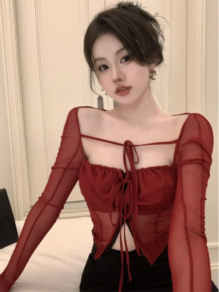 Pure Desire Tea Art Сетка Прозрачный квадратный воротник на шнуровке Сексуальная